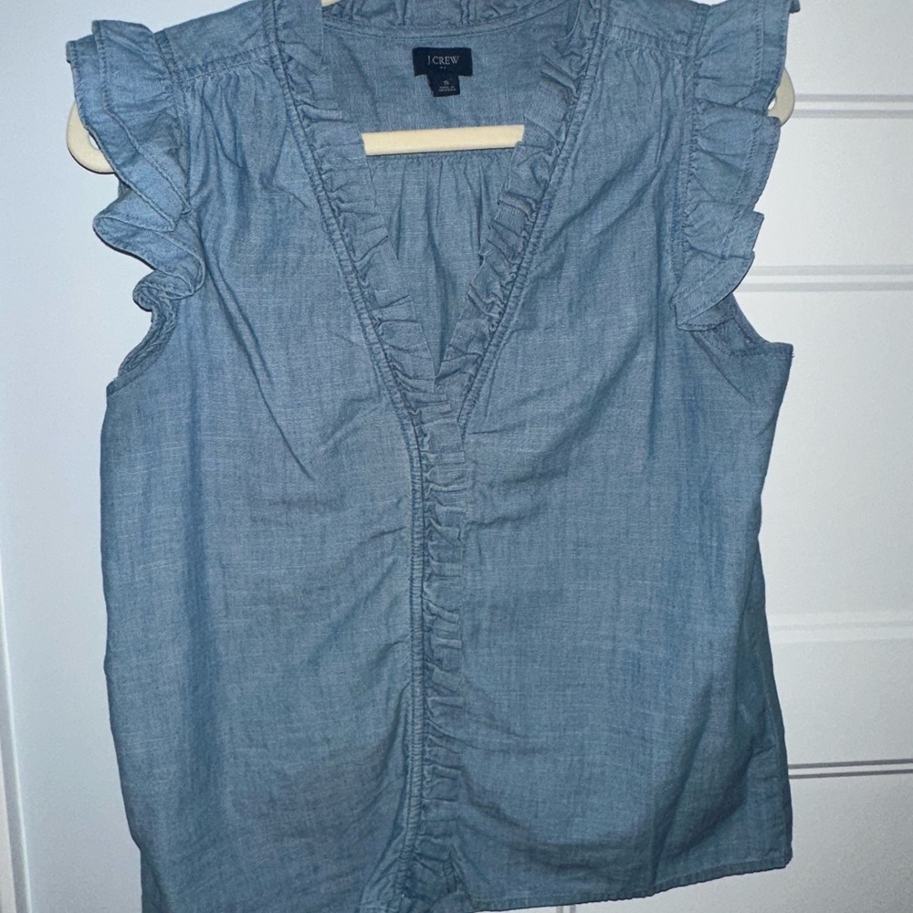 J. Crew Chambray Ruffle Trim Blouse